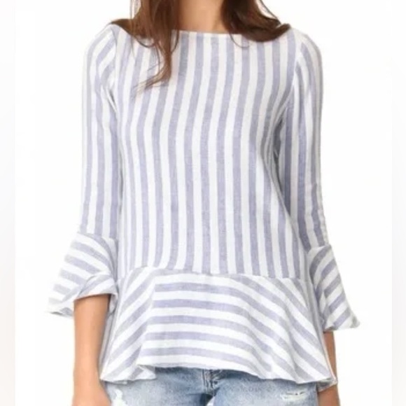 Alice + Olivia Doyle Peplum Top, Slub Linen blue stripe and trumpet sleeve - Picture 1 of 11